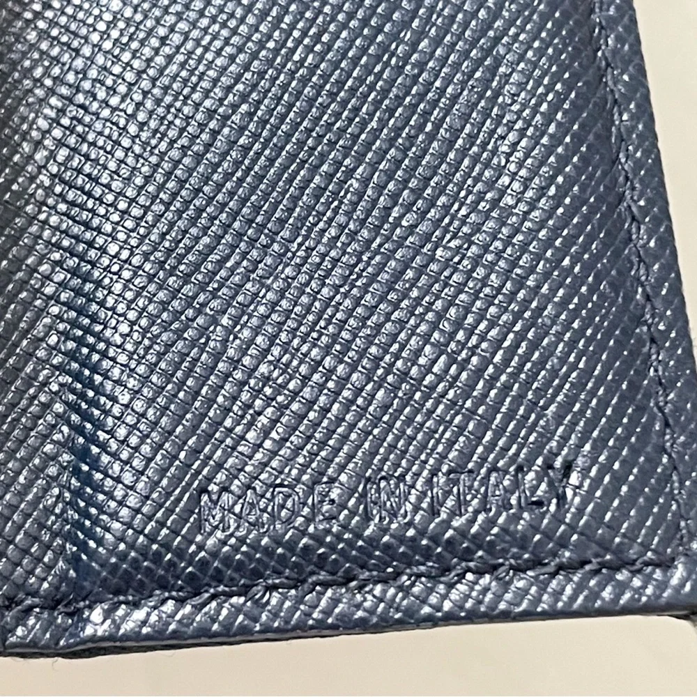 Prada navy blue Tessuto nylon triangle logo trifold medium snap wallet